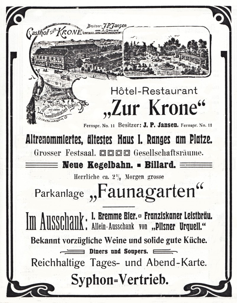Anzeige "Hotel Restaurant Zur Krone" im Adreßbuch für die Stadtgemeinde Hilden 1906