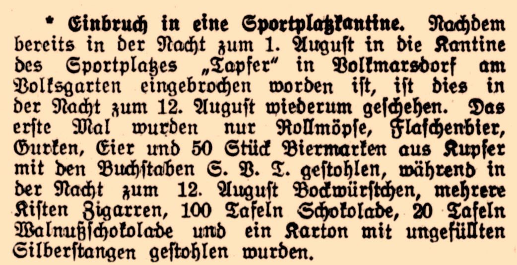 Diebstahl von Biermarken 1925 aus der Sportplatzkantine des SV „Tapfer“ in Volkmarsdorf bei Leipzig (Sachsen)